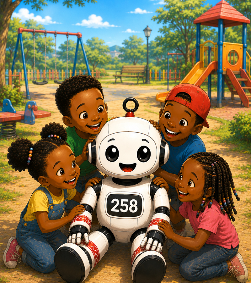 Crian&ccedil;as com o rob&ocirc; KIBO num parque infantil