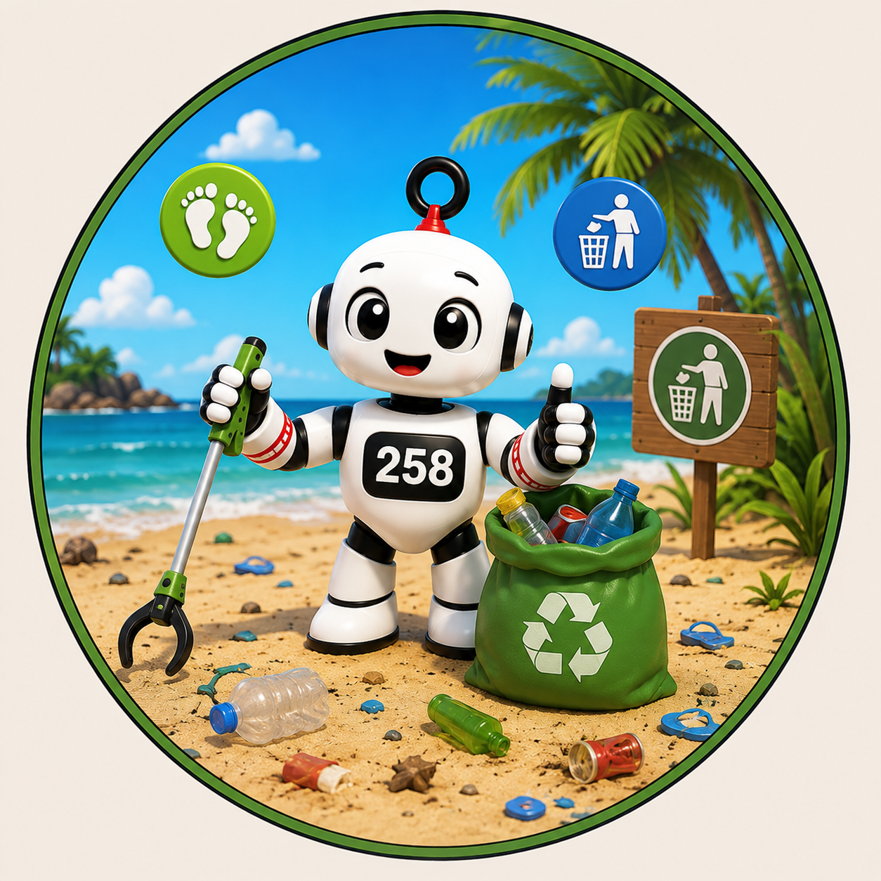 KIBO a recolher lixo numa praia