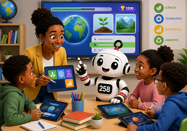 Professora e alunos numa aula interactiva com o rob&ocirc; KIBO